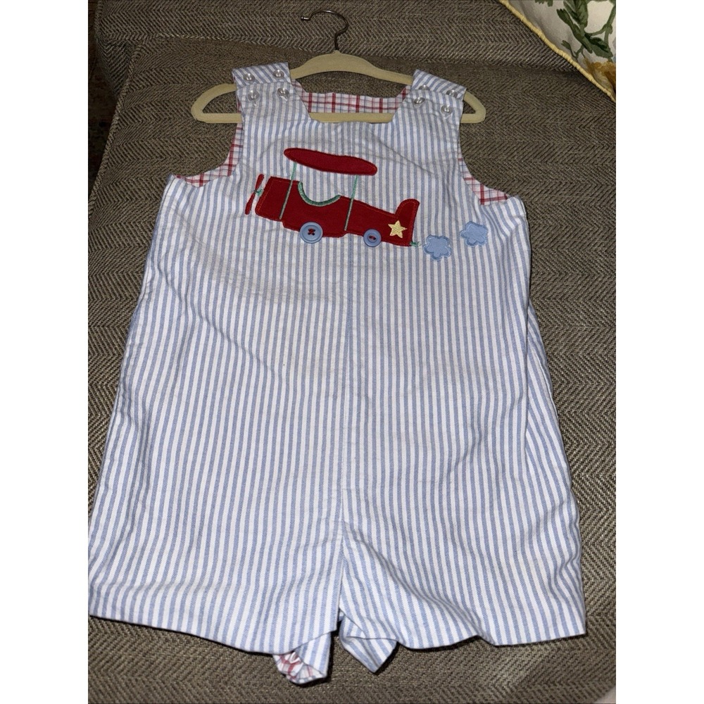 Bailey Boys Reversible Jon Jon Short Romper Baby Boy Sz 3t Airplane/Fish